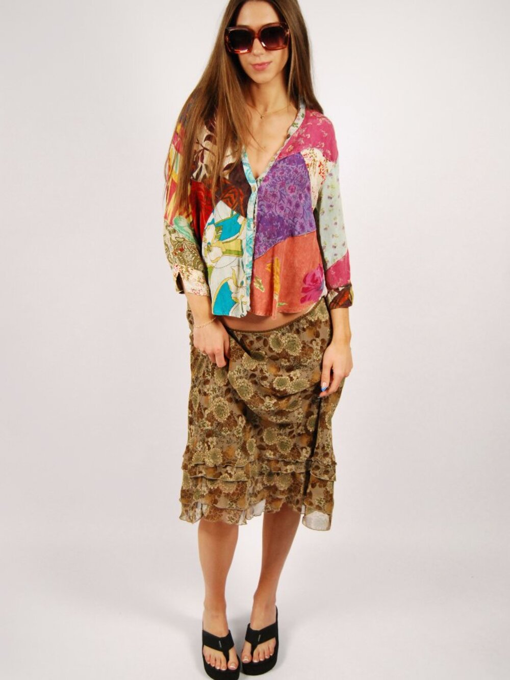 Y2K Floral Midi Skirt (L) large brown vintage womens Christopher & Banks boho